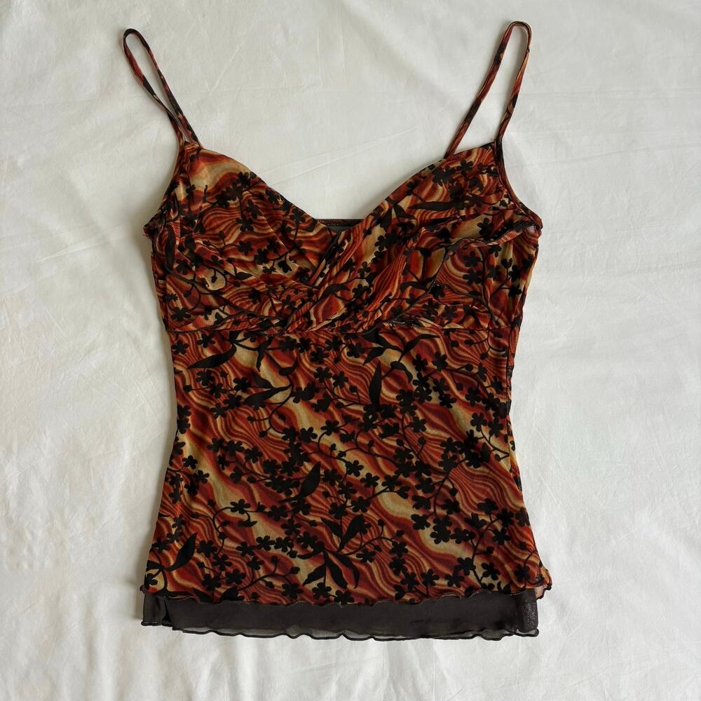 Vintage Y2K Floral Mesh Cami Orange Brown Ruffle Whimsigoth Top
